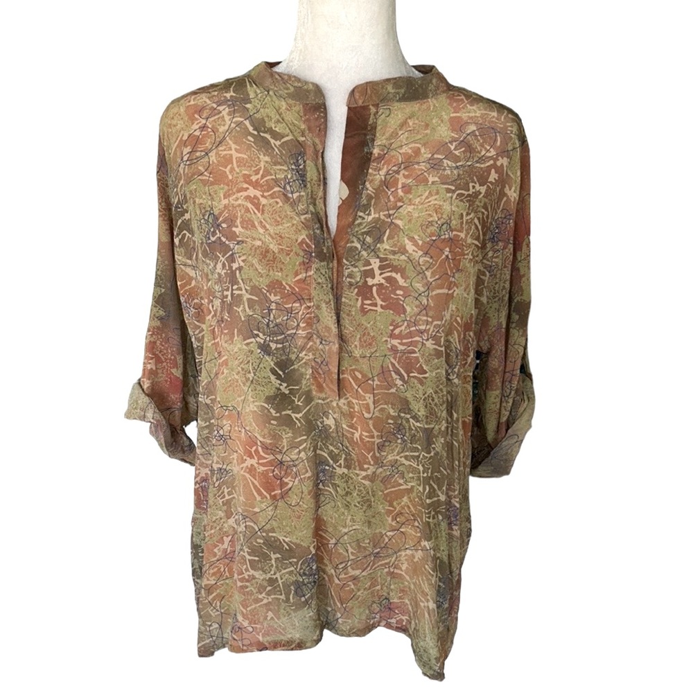 Indie Ella Silk Abstract Printed Roll Sleeve Tunic Top Blouse - S / M